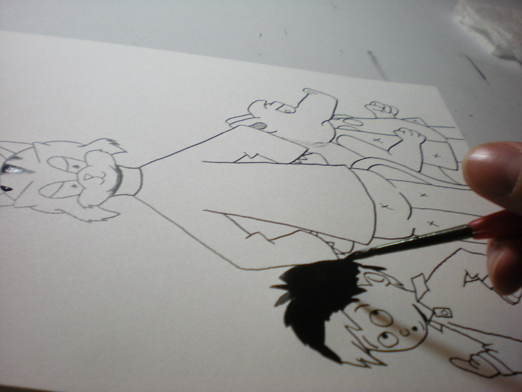 Inking Rusty Duncan, Little Nemo and Cerebus the Aardvark with a brush