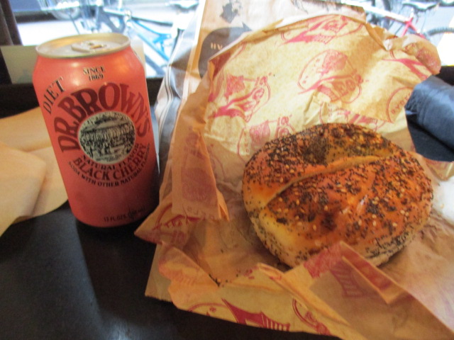 Dr. Brown's soda and everything bagel