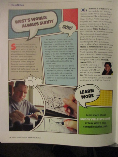 Max West and Sunnyville Stories in Baruch Alumni magazine